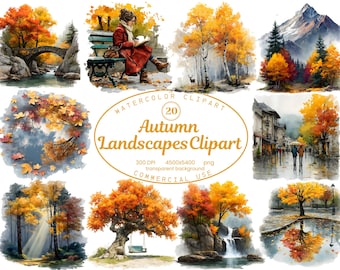Autumn Landscape Clipart Collection, Watercolor Fall Forest Mountains Trees Meadows 20 PNG, Cozy Fall Backgrounds, Digital Download