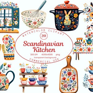 Collezione di clipart di cucine scandinave, arte culinaria popolare ad acquerello 20 PNG, grafica folkloristica, arte nordica accogliente, download digitale