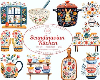 Scandinavian Kitchen Clipart Collection, Watercolor Folk Cooking Art 20 PNG, Folklore Graphics, Cozy Nordic Art, Digital Download