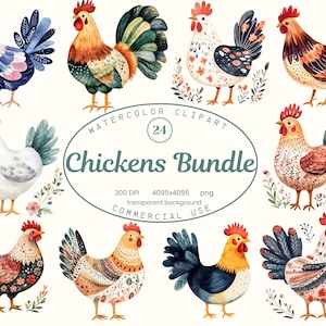 Huhn Clip Art Sammlung, Aquarell Folk Huhn Art 24 PNG, Folklore-Grafik, Huhn Clipart Bundle, digitaler Download Kommerzielle Nutzung