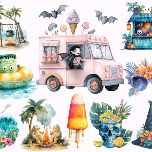 May include: Watercolour illustrations of Halloween-themed summer scenes. Includes a pink ice cream van with a vampire, a Frankenstein monster in a pool float, a skeleton surfing, and a skull cocktail.