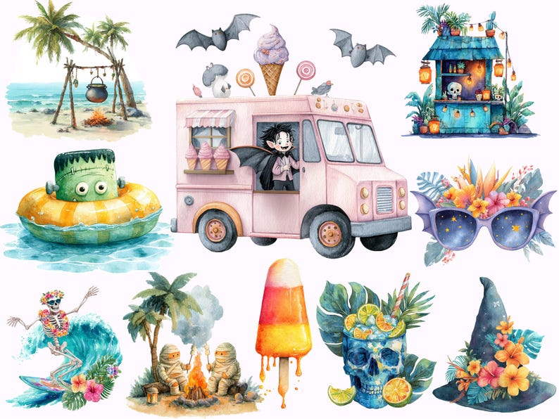 May include: Watercolour illustrations of Halloween-themed summer scenes. Includes a pink ice cream van with a vampire, a Frankenstein monster in a pool float, a skeleton surfing, and a skull cocktail.