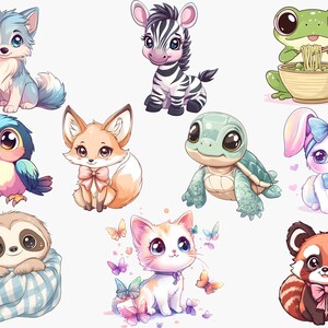 Op de afbeelding: Een verzameling schattige cartoon-dierillustraties met een wolf, zebra, kikker, vos, schildpad, konijn, luiaard, kat en een rode panda. Elk dier is afgebeeld in een speelse en grillige stijl met felle kleuren en expressieve kenmerken.