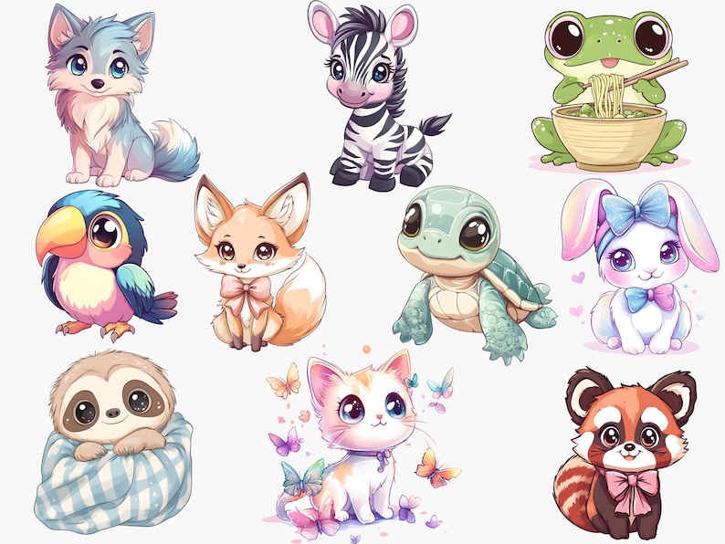 Op de afbeelding: Een verzameling schattige cartoon-dierillustraties met een wolf, zebra, kikker, vos, schildpad, konijn, luiaard, kat en een rode panda. Elk dier is afgebeeld in een speelse en grillige stijl met felle kleuren en expressieve kenmerken.