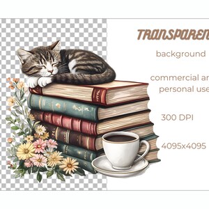 May include: Watercolor illustration of a sleeping tabby cat atop a stack of books. A cup of coffee sits beside the books, with flowers at the base. The image includes the text "TRANSPARENT background, commercial and personal use, 300 DPI, 4095x4095."
