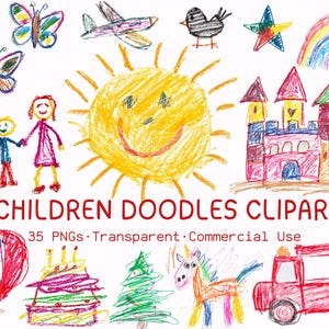 May include: A collection of colorful crayon drawings featuring a smiling sun, butterflies, a family, a castle, a rainbow, a cake, a unicorn, a fire truck, and other whimsical elements. The text "CHILDREN DOODLES CLIPART" is also included.