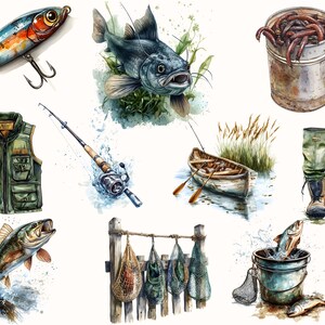 May include: A watercolour illustration of fishing tackle and equipment, including a fishing rod, a fishing waistcoat, a fishing lure, a bucket of worms, a boat, and fishing boots.