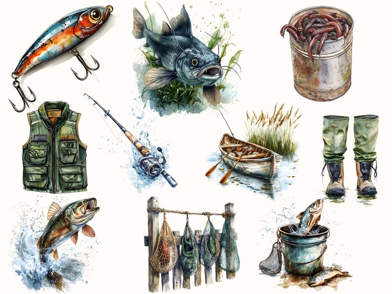 May include: A watercolour illustration of fishing tackle and equipment, including a fishing rod, a fishing waistcoat, a fishing lure, a bucket of worms, a boat, and fishing boots.