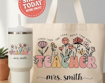 Teacher Appreciation Floral Tote, Personalized Teacher Bag, Educator End of Year Gift, Teach Love Grow Tumbler, Floral Teacher Present