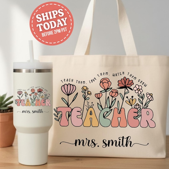 Teacher Appreciation Floral Tote, Personalized Teacher Bag, Educator End of Year Gift, Teach Love Grow Tumbler, Floral Teacher Present