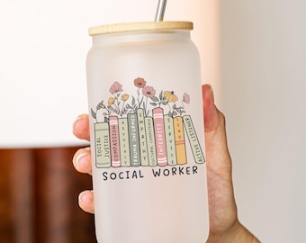 Gift for Social Worker, 16oz Frosted Glass Cup with Bamboo Lid and Straw, Custom Name, Social Work Floral Books Design, Iced Coffee Cup