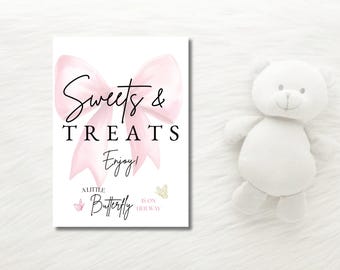 Letrero de dulces y golosinas, letrero de baby shower con mariposa y lazo, plantilla de dulces y golosinas