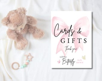 Cards and Gifts sign, Butterfly and Bow Baby Shower Sign, Cards and Gifts sign template