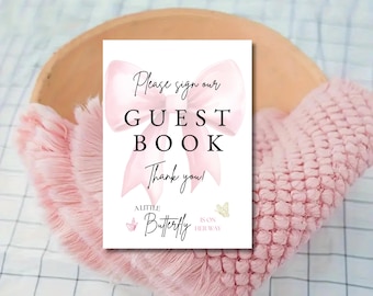 Guest Book sign, Butterfly and Bow Baby Shower Sign, Guest Book sign template