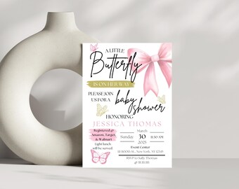 Editable Baby Shower Invitation - Baby Girl - Butterflies & Bows - Printable Invite - Customizable Template