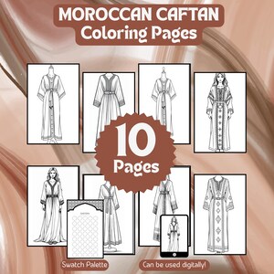 Livro de colorir de caftãs marroquinos, páginas para colorir de moda marroquina, moda islâmica, download digital.