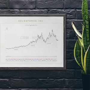 Könnte beinhalten: Gerahmter Druck eines Aktiencharts für Salesforce Inc. (CRM-NY), der ein Liniendiagramm mit Schwankungen im Zeitverlauf zeigt. Der Druck befindet sich in einem dunklen Holzrahmen, vor einer schwarzen Backsteinmauer, mit einer Topf-Schlangenpflanze.