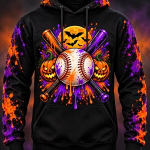 May include: A black hooded sweatshirt featuring a graphic print of a baseball, two crossed baseball bats, and two jack-o'-lanterns. The design includes a yellow full moon with silhouettes of bats, accented by orange and purple paint splatter effects.