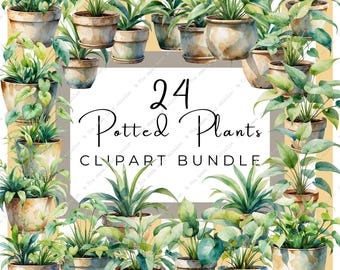 24 piante in vaso acquerello clipart / verde PNG + JPG Bundle per adesivi e disegni digitali