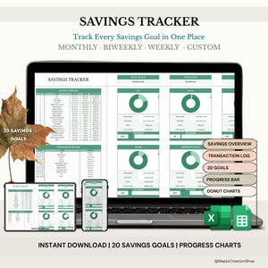 May include: A digital savings tracker displayed on a laptop, tablet, and phone. The spreadsheet features green and white charts and graphs. Text includes "Savings Tracker," "20 Savings Goals," and "Progress Charts."