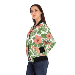 Tropical Palm & Hibiscus Women&#39;s Jacket, Floral Bomber Coat, Beach Vacation Outerwear, Botanical Print Fashion, Summer Lightweight Top,