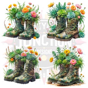 Rustieke militaire laarzen planter clipart | Gevechtslaarzen met digitale aquarel bloemen | Succulente tuin, png | Transparante achtergrond