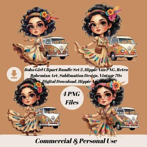 Boho Girl Clipart Bundle von 4 Set 3, Hippie Van PNG, Retro Boho Kunst, Sublimationsdesign, Vintage 70er Jahre digitaler Download, Hippie Ästhetik