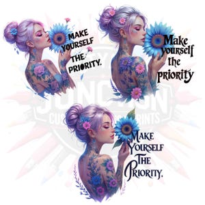 自分を優先する 3 つの PNG – タトゥーを入れた女性の昇華、ボヘミアンひまわりデジタルアート、女性のエンパワーメント、即時ダウンロード ピンク ブルー