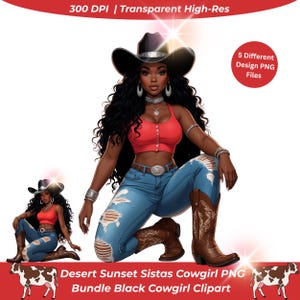 Desert Sunset Sistas Cowgirl PNG Bundle | 5 Black Cowgirl Clipart Illustrations | Transparent PNGs for Sublimation T-Shirts, Mugs.