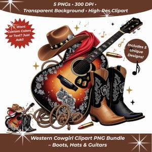 Western Cowgirl Guitar PNG Bundle – 5 fichiers clipart haute résolution pour sublimation | Arrière-plan transparent pour t-shirts, tasses, oeuvres d'art murales et plus