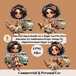 Boho Girl Clipart Bundle Set 4, Hippie Van PNG, Retro Boho Kunst, Sublimationsdesign, Vintage 70er Jahre digitaler Download, Hippie Ästhetik