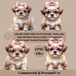 Lot de cliparts chien shih tzu | 4 PNG pour sublimation de chien à l'aquarelle | Shih tzu duveteux mignon avec noeuds et lunettes coeur | Art transparent haute résolution