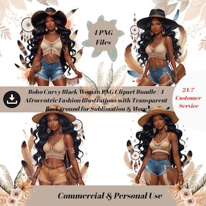Boho kurvige schwarze Frau PNG Clipart Bundle | 4 Afrocentric Fashion Illustrationen mit transparentem Hintergrund für Sublimation & mehr