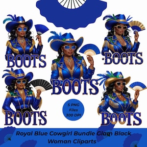 Royal Blue Cowgirl PNG Bundle – 5 Glam Black Woman Cliparts with Fringe Jacket, Fan, Sunglasses & “BOOTS” Text for Sublimation Crafts