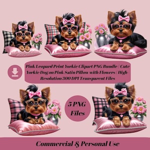 Ensemble de cliparts Yorkie rose à imprimé léopard | Joli chien Yorkie sur un coussin en satin rose avec des fleurs | Fichiers transparents haute résolution 300 ppp