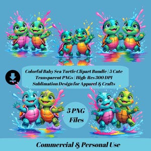 Colorful Baby Sea Turtle PNG Bundle | 5 High-Res Cute Cartoon Clipart | Transparent Files for Sublimation & Crafts