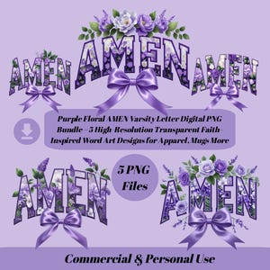 Pacote PNG digital de letras do time do colégio AMEN com flores roxas – 5 designs de arte de palavras inspiradas na fé transparentes de alta resolução para vestuário, canecas e muito mais