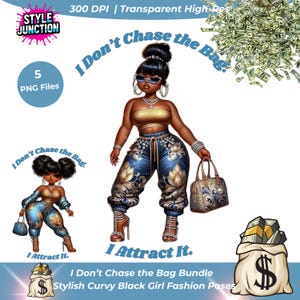 Paquete PNG "No persigo el bolso" – Clipart de chica negra con curvas y estilo / 5 poses de moda de alta resolución / PNG transparentes