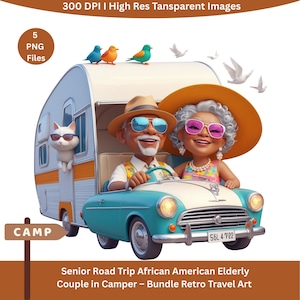 Couple de seniors noirs voyageant sur la route dans une caravane rétro – 5 images PNG haute résolution | Lot de cliparts de voyage transparents pour sublimation, tasses, chemises