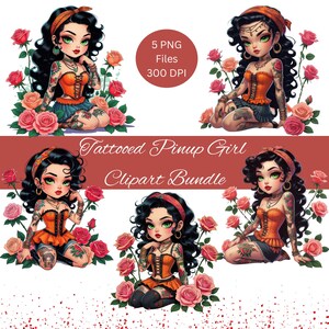 Tattooed Pinup Girl Clipart Bundle | Chibi Rockabilly Art PNGs for Sublimation, Apparel, Stickers, Posters & Digital Print Designs