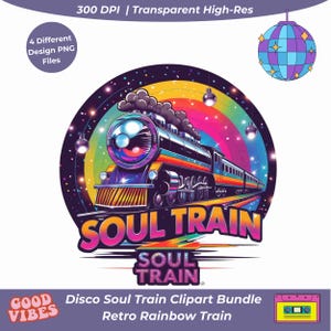 Paquete de imágenes prediseñadas PNG de trenes de almas retro: 4 archivos transparentes de trenes de discoteca de alta resolución para sublimación de camisetas, tazas, arte mural y más.