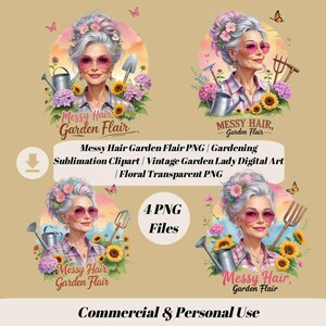 Cheveux décoiffés en PNG, style jardin | Clipart drôle de femme de jardinage élégant pour sublimation T-shirts, tasses, sacs fourre-tout, bricolage, petite utilisation professionnelle