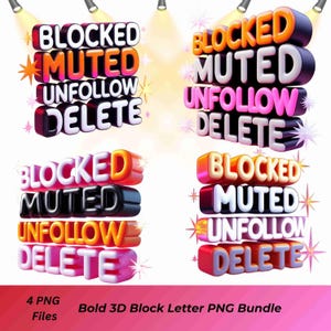 Fett 3D Druckschrift PNG Bündel | "Blocked Muted Unfollow Delete" Transparente Sublimationsgrafiken für Shirts, Tassen und Wandkunst