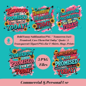 PNG a sublimazione divertente e audace / "Il domani non è promesso, insultali oggi" Citazione / 5 PNG clipart trasparenti per magliette, tazze, stampe