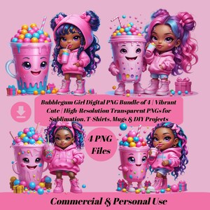 Bubblegum Girl Digital PNG Bundle of 4 | Vibrant Cute | High-Resolution Transparent PNGs for Sublimation, T-Shirts, Mugs & DIY Projects