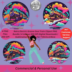 Paquete de imágenes prediseñadas PNG de tren soul con groove eléctrico retro / 4 descargas digitales únicas de 300 DPI / Gráficos de sublimación para camisetas y más