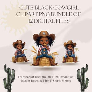 Cute Black Cowgirl Clipart PNG Bundle – 12 Digital Files, Transparent Background, High-Resolution, Instant Download for T-Shirts & More