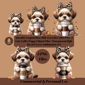 5 PNG café Shih Tzu noeud léopard | Lot de cliparts chiot mignon | PNG transparent haute résolution pour sublimation, t-shirts, tasses, sacs fourre-tout