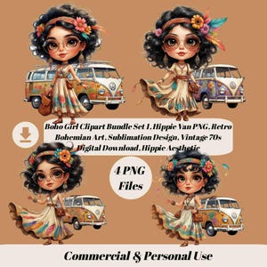Boho Girl com Hippie Van PNG Bundle Set 1 | 4 Arquivos de clipart digital transparentes exclusivos para sublimação, artesanato DIY, camisetas para uso em pequenas empresas