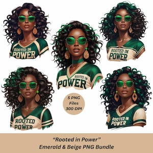 Verwurzelt in Kraft PNG-Bundle | 5 Smaragd und Beige Afro Frau Clipart Dateien | Hochauflösende transparente Sublimationsdruck PNG für Shirts, Tassen, Taschen